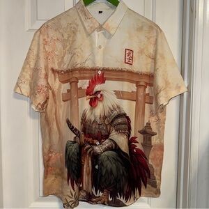 Men’s Cream Button Down Short Sleeve Shirt. Japanese Art Samurai Chicken. Medium